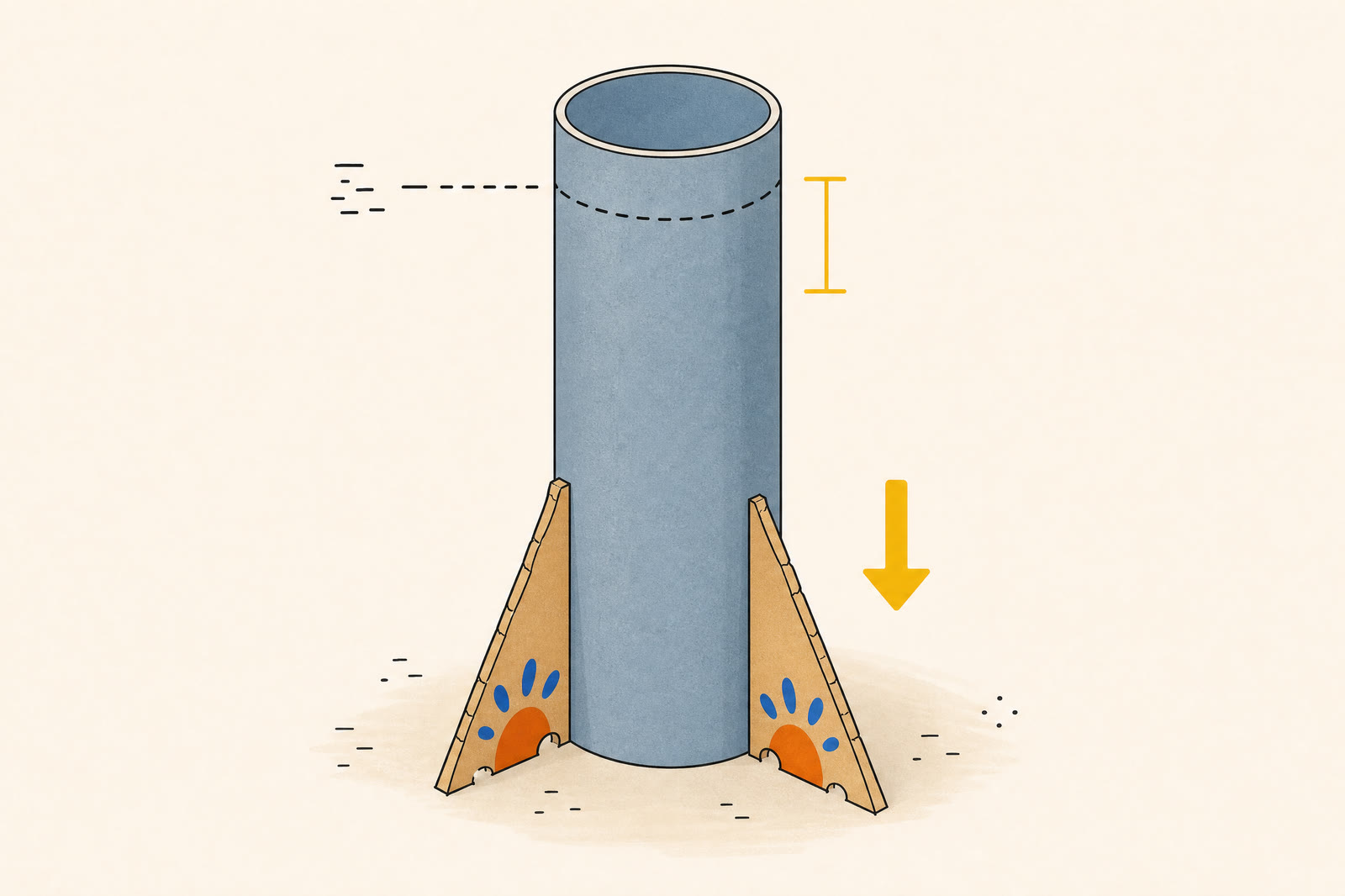 An upright blue-gray Sonotube stands between two stabilizing braces, with a dashed cutting guide near its top.