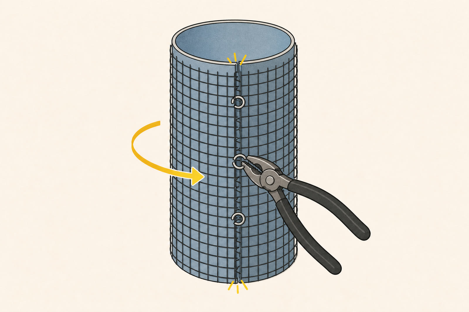Hardware-cloth wire mesh wraps a blue-gray cylindrical form, with a visible overlap seam and pliers crimping hog rings.