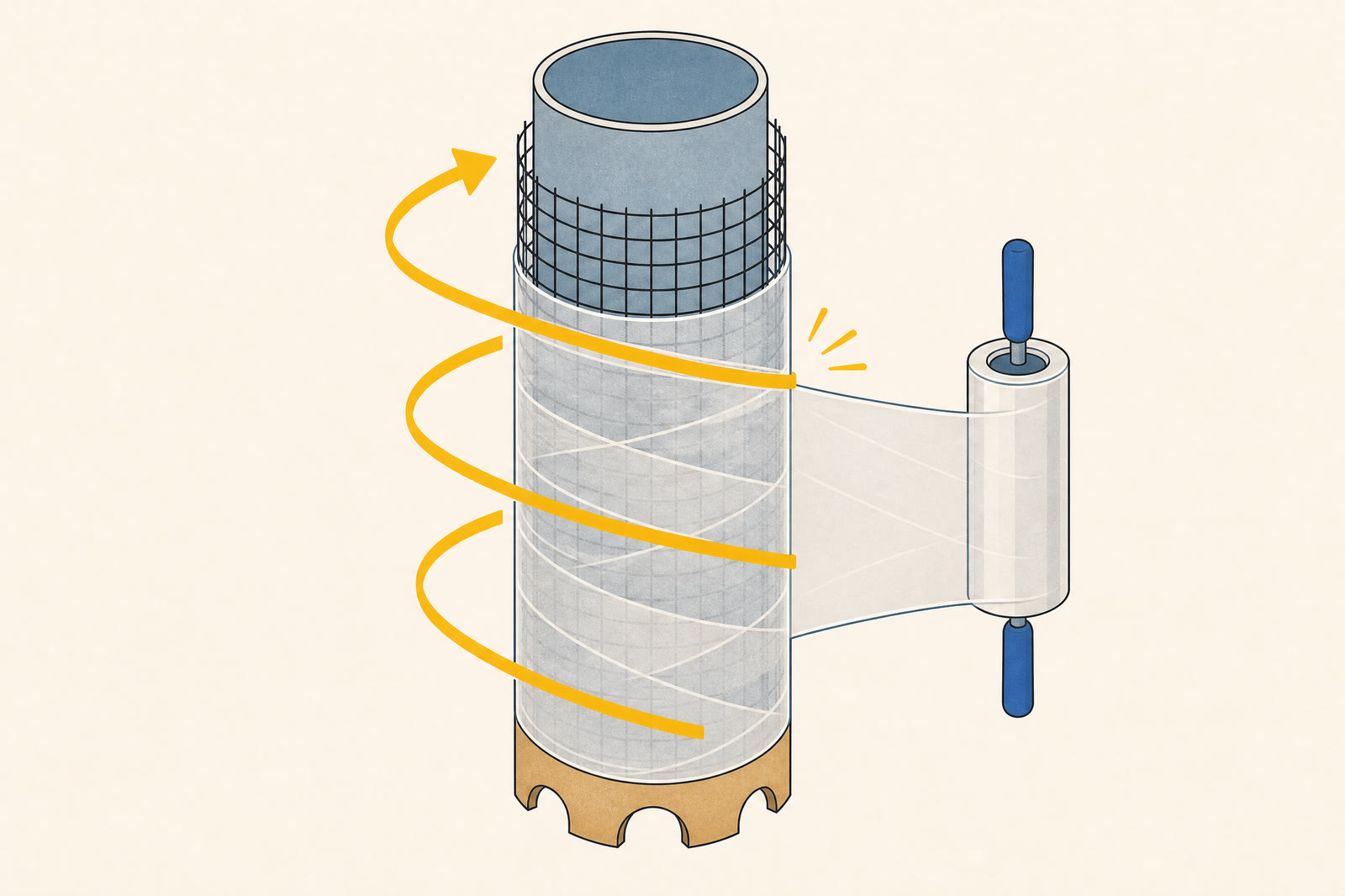 Transparent stretch film is wrapped in overlapping bands from the bottom upward around a wire-mesh-covered column form.