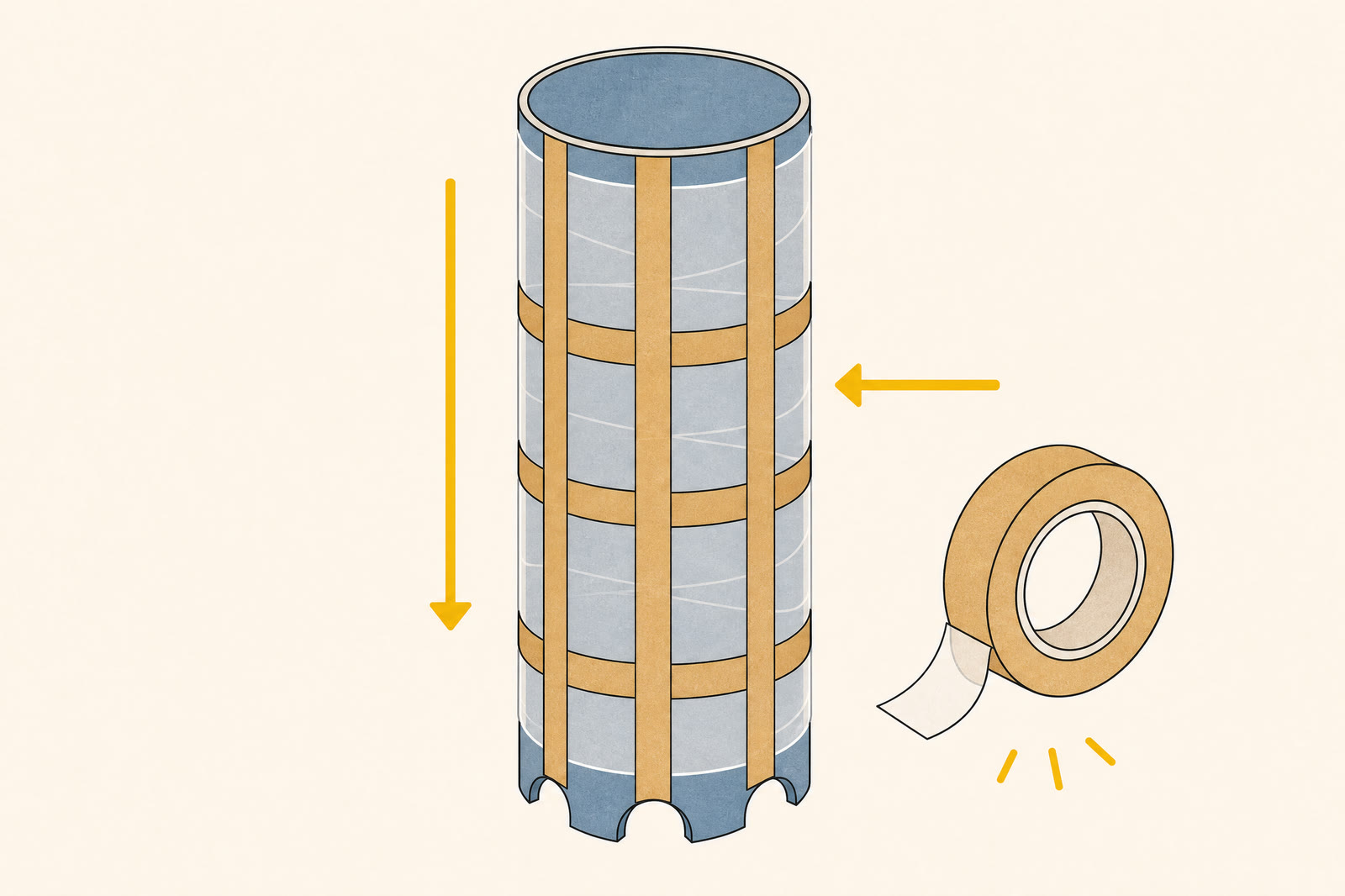 Vertical and horizontal tan strips of carpet tape form a grid on a smooth wrapped cylindrical form.