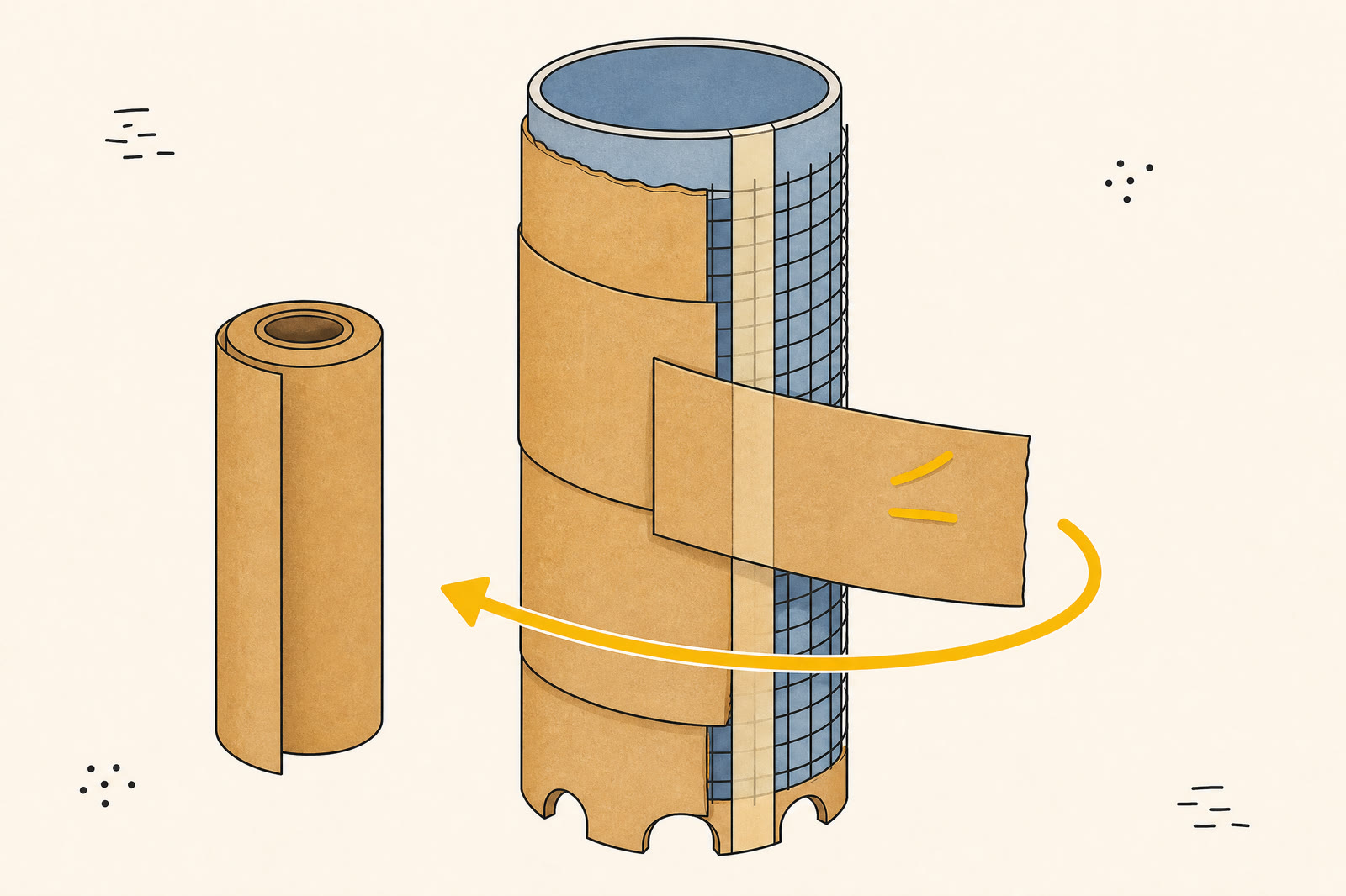Overlapping strips of kraft butcher paper wrap around a cylindrical form, crossing tan tape supports beneath the paper.
