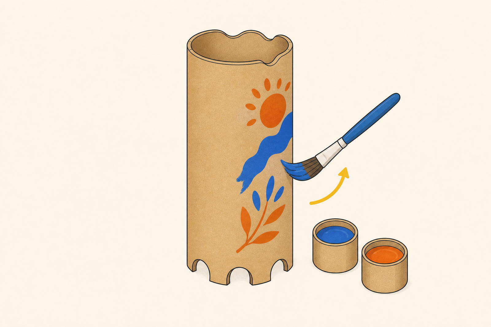 A paintbrush applies blue paint to a kraft-paper column shell, with blue and orange paint pots nearby.
