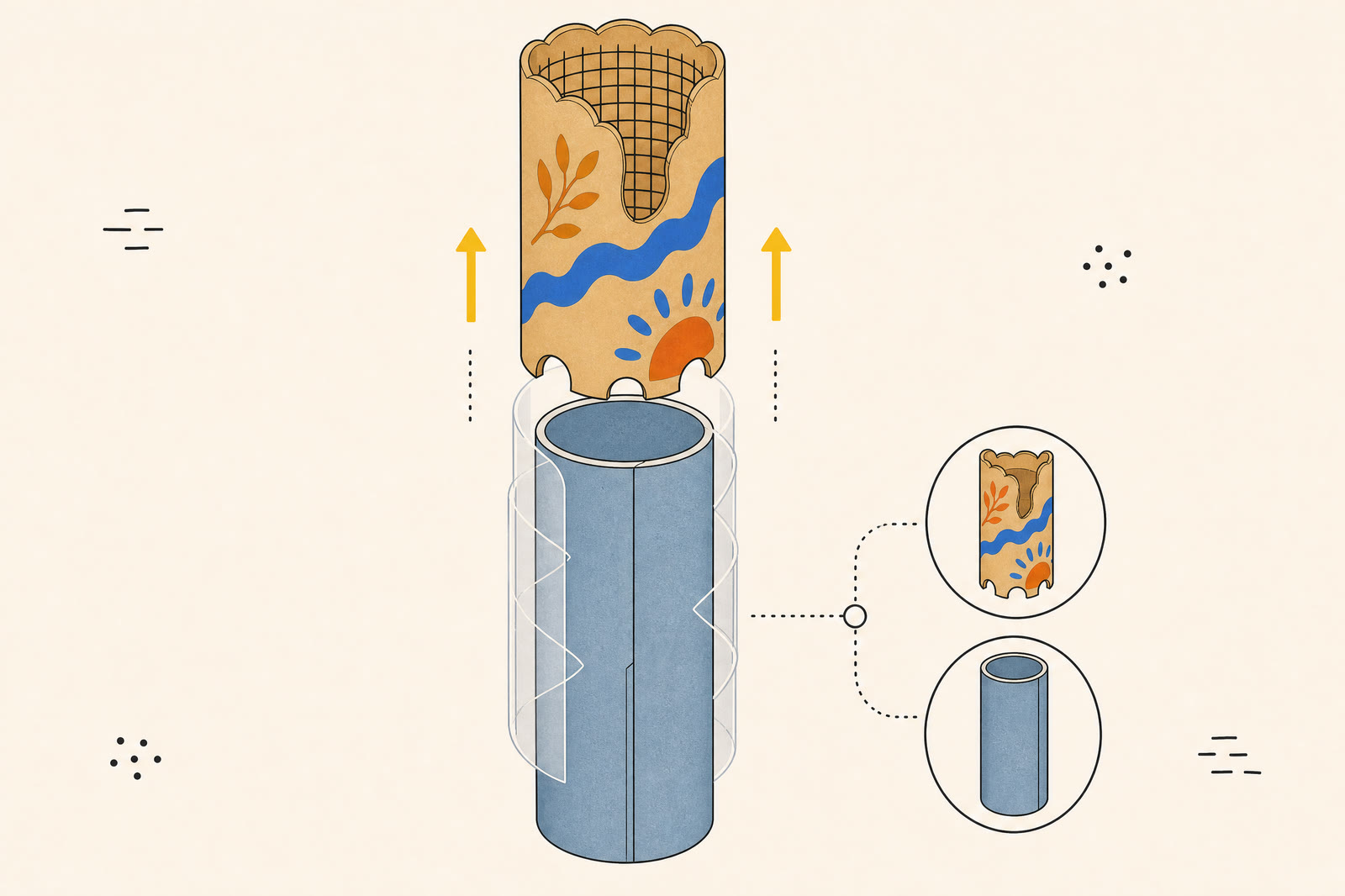 A painted decorative column shell lifts upward from a blue-gray Sonotube form, with a transparent release-film layer visible between them.