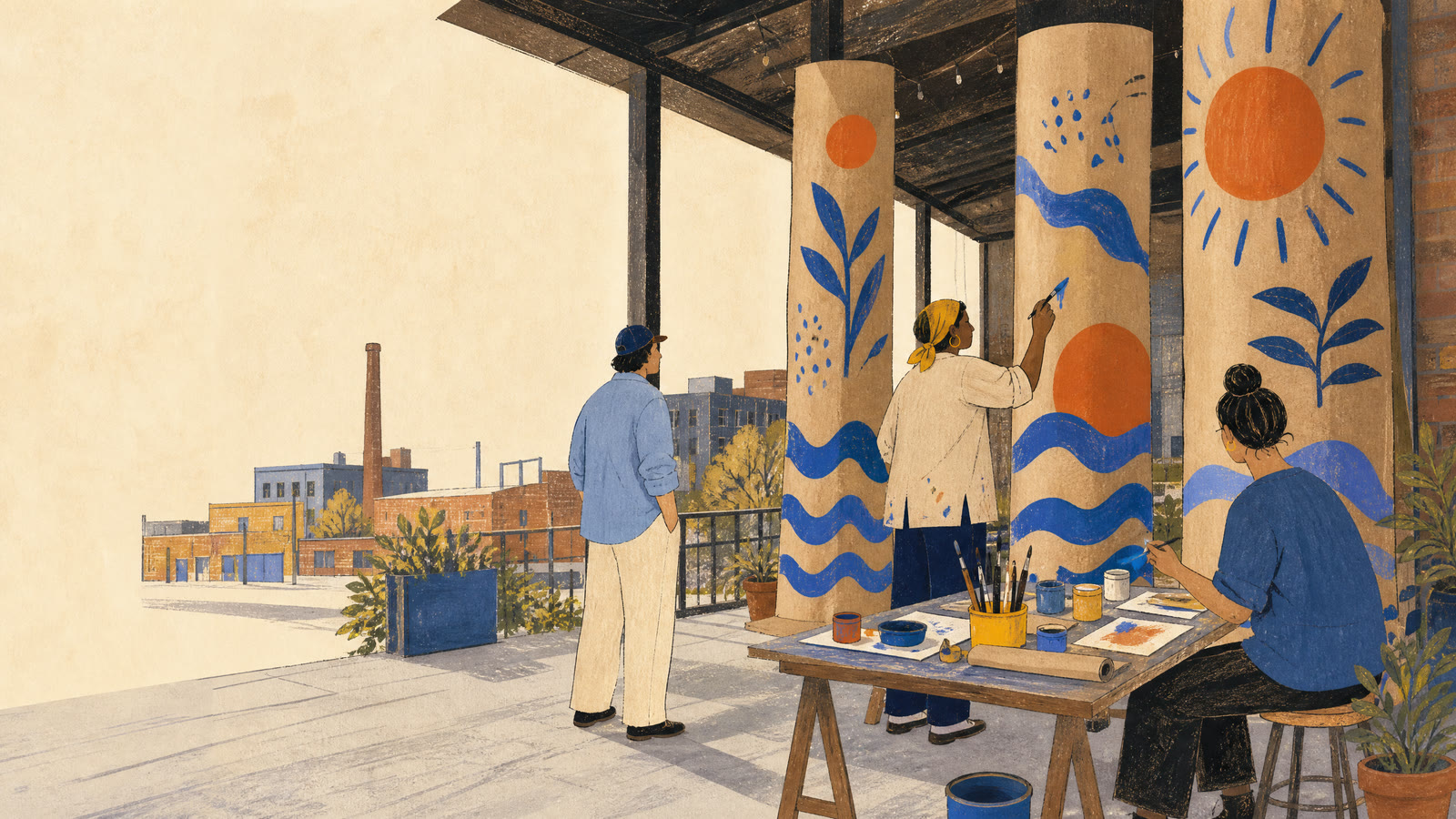 Community members paint handmade kraft-paper columns with blue waves, orange suns, and leafy shapes on an open porch in a warehouse district.