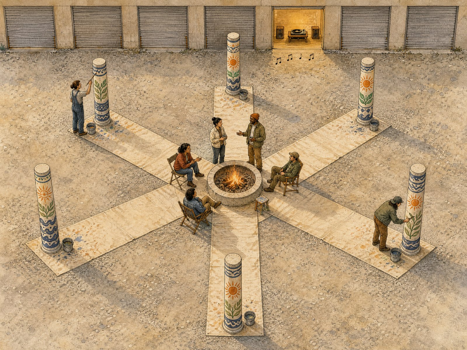 Isometric watercolor illustration of the finished installation: a fire pit at the center with people sitting around it talking, six tall painted columns arranged radially on canvas drop-cloth spokes running out from the fire pit, two people painting columns, paint buckets at each column's base, and a row of garage doors behind with one door open, playing music, a record player visible inside.